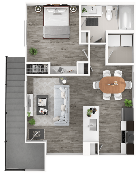 A top-down view of a house layout with a kitchen, living room, and dining area.